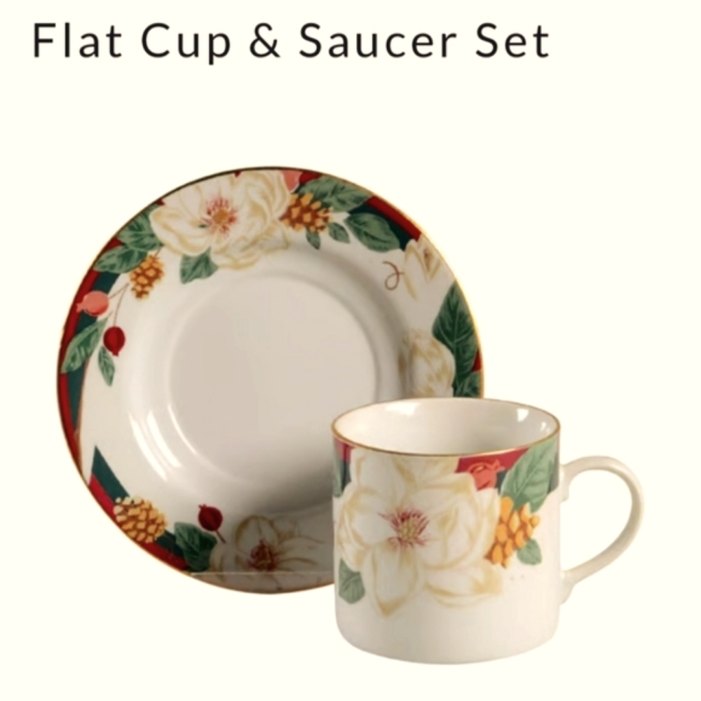 1 Vtg Cup & Saucer Tienshan Magnolia Flower Pine Cone Gold Rim
